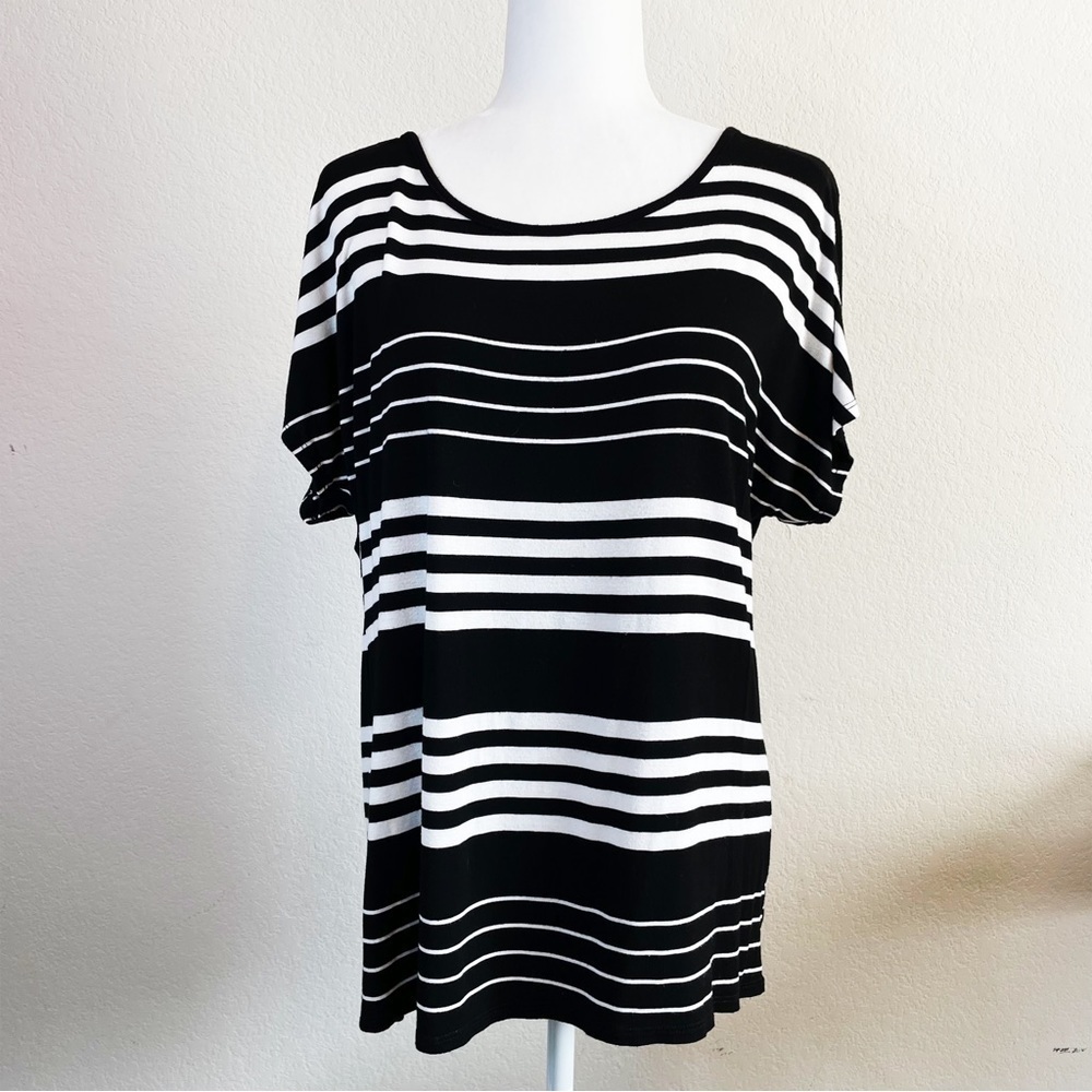 Espresso Black and White Stripe Womens Split Shoulder Short Sleeve Shirt Sz Lg
